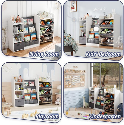 Kids Toy Book Storage Organizer - Large Bookshelf with 7 Removable Bins, Baby Bookshelf and Toy Storage, 4-Tier Book Shelf for Kids Room, Playroom, Classroom, 51 inch, White