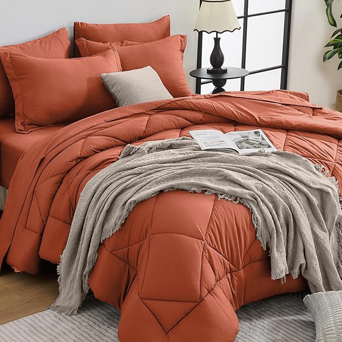 HEVUMYI Burnt Orange Cali-King Comforter Set - 7-Piece All Season Bed in a Bag Cali-King, Ultra Soft Bedding Set with Comforter, Flat Sheet, Fitted Sheet, Pillowcases, Pillow Shams
