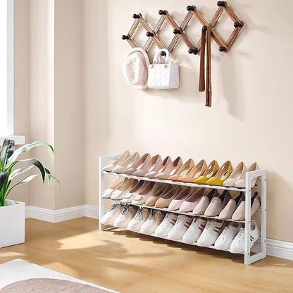 FAVOOSTY 3-Tier Expandable Shoe Rack, Adjustable Shoe Shelf Storage Organizer Space Saving Metal Free Standing Shoe Rack for Entryway Closet Doorway, White