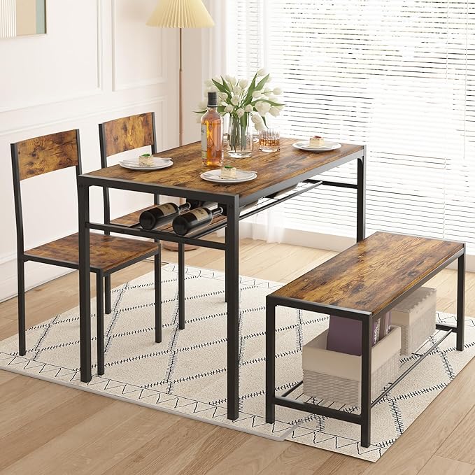 VECELO Kitchen Dining Room Table with 2 Chairs & Bench, Compact Space-Saving Design, Easy Assembly Steel Frame, Perfect for Small Apartments & Breakfast Nooks，Industrial