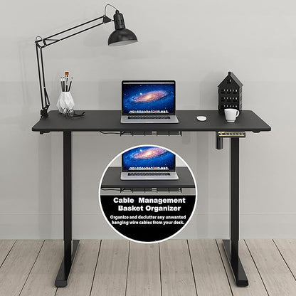 SHW 48-Inch Electric Height Adjustable Sit to Stand Desk with Hanging Hooks and Cable Management, Black Frame and Black Top