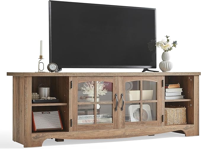 LINSY HOME TV Stand for 75 Inch TV, Modern Farmhouse Entertainment Center with Storage Cabinets and Glass Doors, Tall Media Console Table for Living Room, Bedroom, Large Long Television Stand, Brown