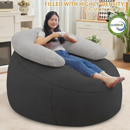 HABUTWAY Bean Bag Chair with U-Shaped Pillow for Adult and Kids Big BeanBag Chair with Filling Ultra Soft Teddy Fleece Couch Chair with Washable Cover for Living Room Bedroom, Dark Grey & Light Grey