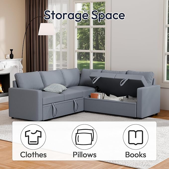 Sleeper Sofa Bed, Modular Sectional Couch with Pull Out Bed, L Shaped Sectional Convertible SofaBed with Storage Seat, for Living Room Apartment Bedroom Office Gray Linen