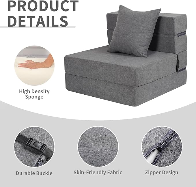 Folding Sofa Bed, High-Density Memory Foam Sofa Bed with a Fluffy Pillow, Floor Couch Guest Bed, Single Size, Dark Grey