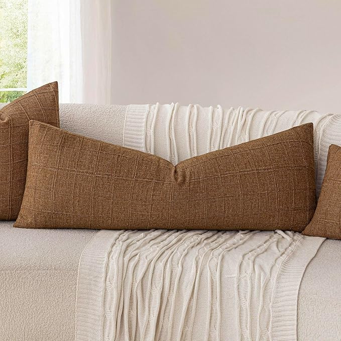 Foindtower Set of 2 Decorative Linen Check Throw Pillow Covers Neutral Long Body Lumbar Cushion Covers Farmhouse Vintage Boho Home Decor For Sofa Chair Couch Bedroom Living Room,14×36 Inch,Brown Hazel