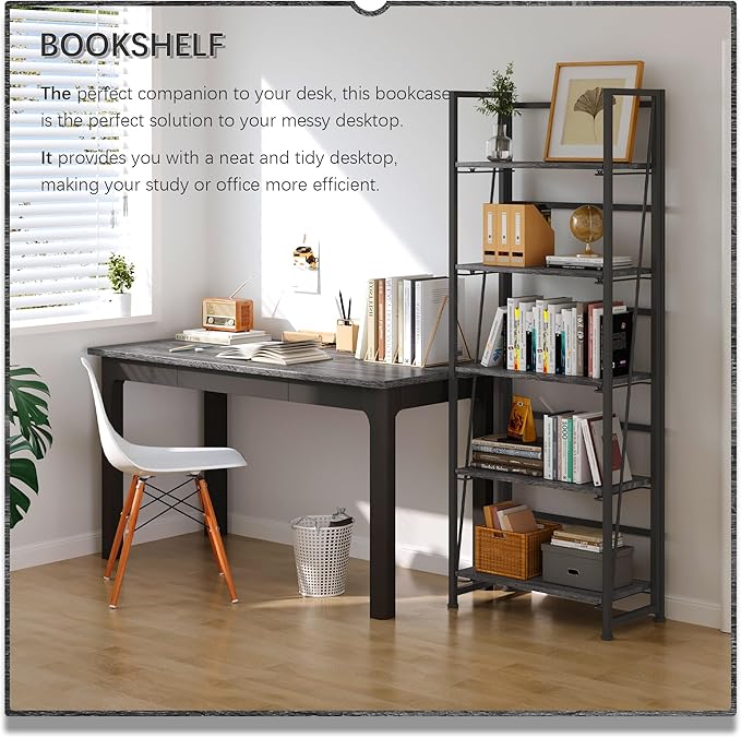 4NM No Assembly Folding Bookshelf, 5-Shelf 62.2" H Collapsible Foldable Bookcase Storage for Small Spaces, Gray and Black