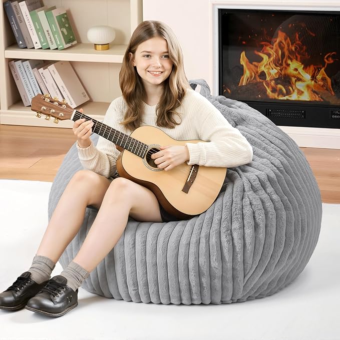 Homguava 2FT Bean Bag Chair, 2' Small Bean Bags with Memory Foam Filled, Beanbag Chairs with Machine Washable Cover Dutch Corded Plush Cover for Classroom,Living Room,Bedroom-Light Grey