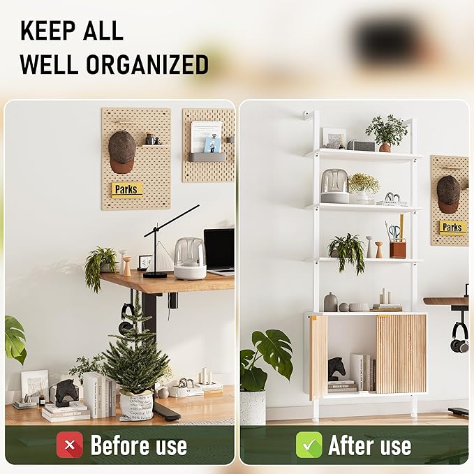 74" Tall Bookshelf with Storage Cabinet, Modern Ladder Shelf with Wood and Metal Frame, Wall Mount Bookcase Open Display Shelf Furniture for Living Room, Bedroom, Home Office, White and Oak