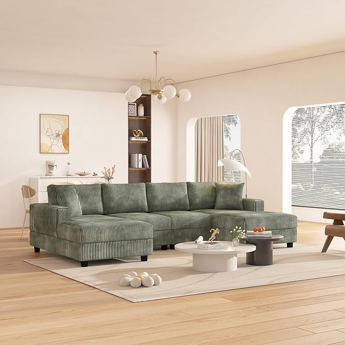 Oversized Symmetrical U Shaped Modular Sectional Sofa with Double Chaise Lounge , Reversible Corduroy Upholstered Sofa Extra Wide Deep Seat Sleeper Sofas Couches w/ 2 Pillows for Living Room Apartment