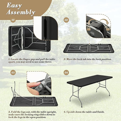 Athena Collection 6 ft Square Folding Dining Table, Large Plastic Foldable Table Portable with Carry Handle, Heavy Duty Fold-in-Half Utility for Indoor Outdoor Party Camping Picnic, Black
