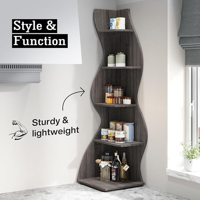 Tribesigns Corner Shelf, Modern 5-Tier Wall Corner Bookshelf, Stylish Corner Small Bookcase Storage Rack Plant Stand with Unique Shape for Living Room, Home Office, (1PC, Gray)