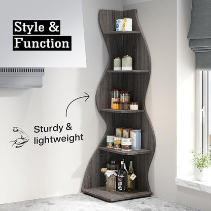 Tribesigns Corner Shelf, Modern 5-Tier Wall Corner Bookshelf, Stylish Corner Small Bookcase Storage Rack Plant Stand with Unique Shape for Living Room, Home Office, (1PC, Gray)