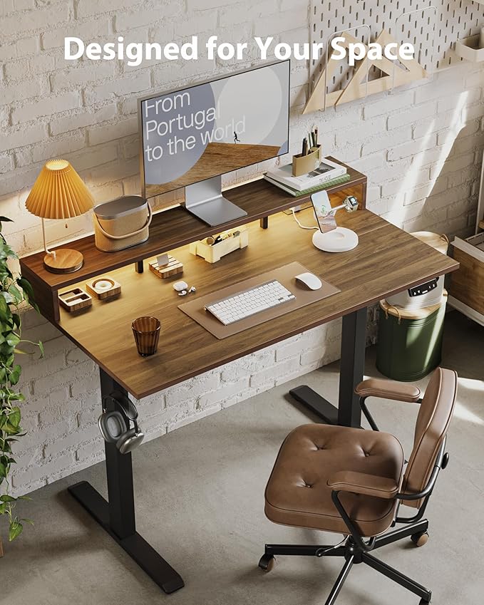 Electric Height Adjustable Standing Desk with Power Outlet and LED Light Strip, Sit to Stand, Ergonomic 48x24 Rising Desk with Memory Presets, Home Office Workstation, Computer Gaming Table, Walnut