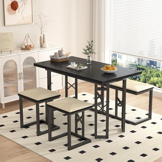 VECELO 43.3" Dining Table Sets, Farmhouse Small Kitchen Table for 4 with 2 Benches Wicker Mats,Metal Frame Space-Saving Adjustable Feets Coffee Table for Home Kitchen Dining, Pitch Black