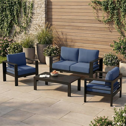Solaste Aluminum Outdoor Patio Furniture Set, 4 Seats Patio Sectional Sofa with 5" Thick Cushion, Outdoor Patio Set with Coffee Table for Porch, Backyard, Deck, Yard, Blue