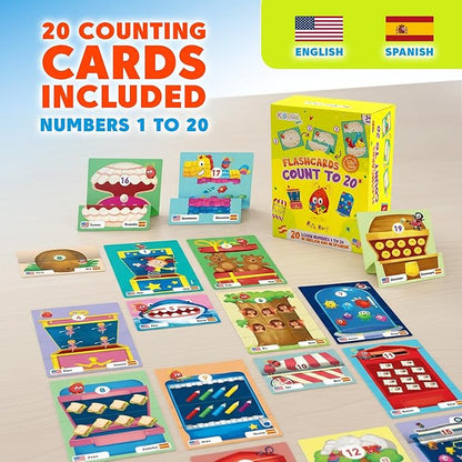 Kidrox Counting Flash Cards Learn to Count 1 to 20, English Number Learning Cards with Spanish Translations Included, Hook & Loop Fasteners