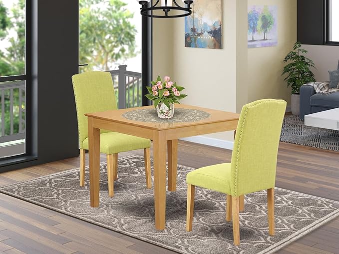 East West Furniture OXEN3-OAK-07 3 Piece Dining Table Set for Small Spaces Contains a Square Dining Room Table and 2 Limelight Linen Fabric Parsons Chairs, 36x36 Inch, Oak