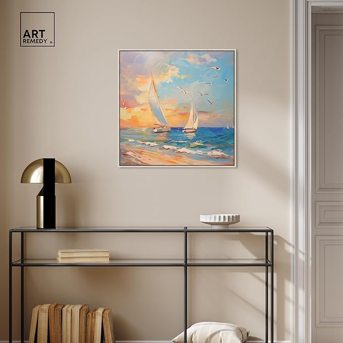 Art Remedy Sailboats In The Sunset Chic Coastal Canvas Wall Art, Silver Floater Frame, 24"x24"