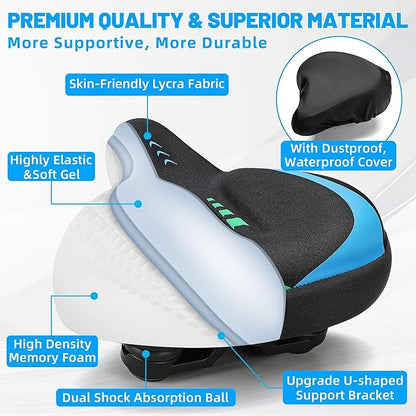 Oversized Bike Seat for Men & Women, Comfortable Gel Padded, Extra Wide Bicycle Seat Cushion Comfort, Replacement Saddle for Peloton, Stationary Exercise Bike, Mountain Bike, Cruiser, City Bike