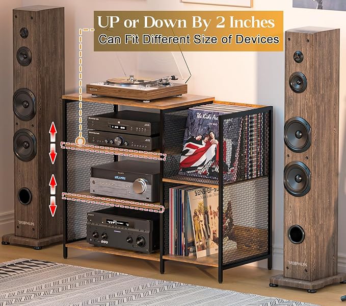 Large Record Player Stand Table with Vinyl Record Holder Up to 150PCS, AV Media Stand Stereo Cabinet Shelf Rack Tower with Storage, Sturdy, Adjustable Feet, Rustic, Large Capacity