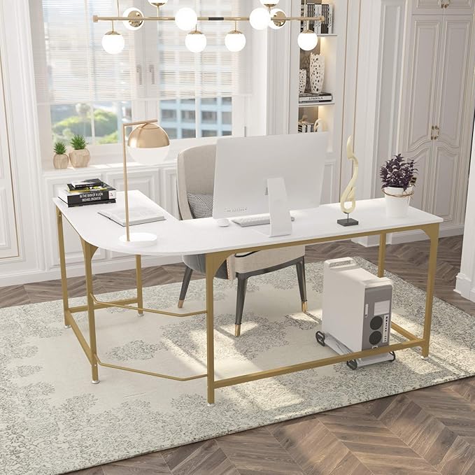Teraves Reversible L Shaped Desk White - 57.9" Corner Gaming Computer Desk, Office Workstation Modern Home Study Writing Wooden Table