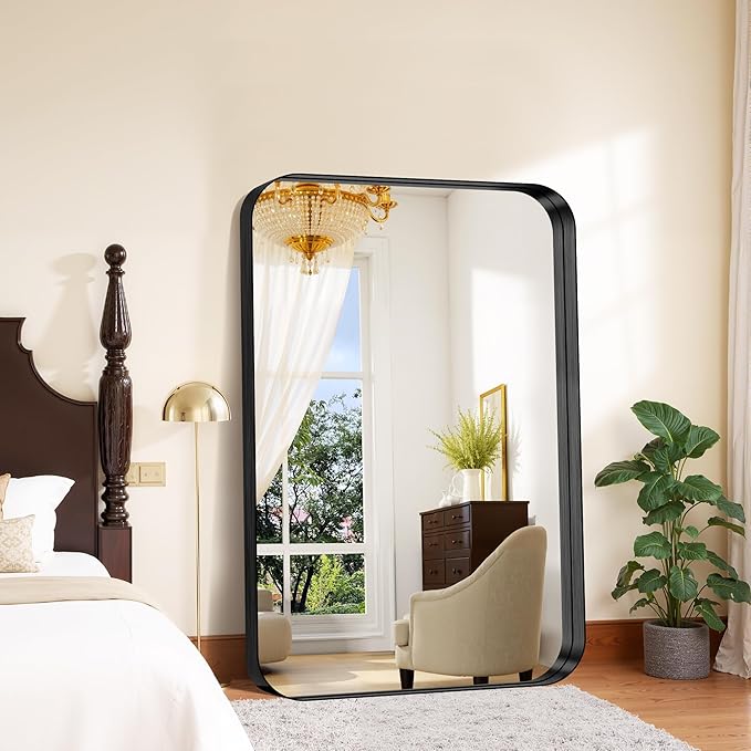FORBATH 55x36 Inch Large Bathroom Mirror for Double Sinks, Brushed Black Deep Frame Wall Mirror with Rounded Corners, Anti-Rust Tempered Glass for Modern Farmhouse Vanity (Horizontal/Vertical)