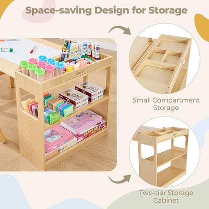 Kids Art Table and 2 Chairs Set with Roll Paper & Storage, Wooden Kid Craft Table for Drawing, Learning and Reading, Toddler Activity Play Desk for Home, Playroom or Classroom