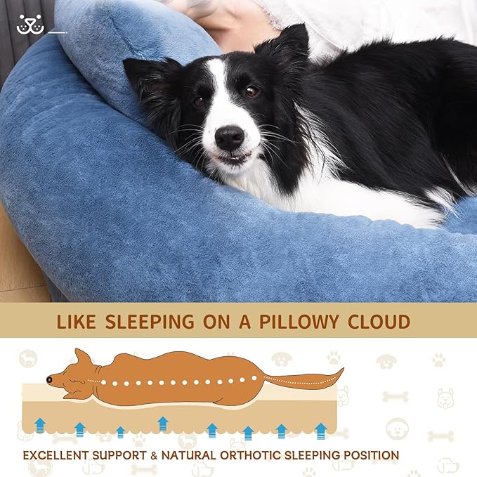 Human Dog Bed for Adult Kids, 70"x33"x12" Washable Faux Fur Human Size Dog Bed for People Doze Off, Grayish Blue