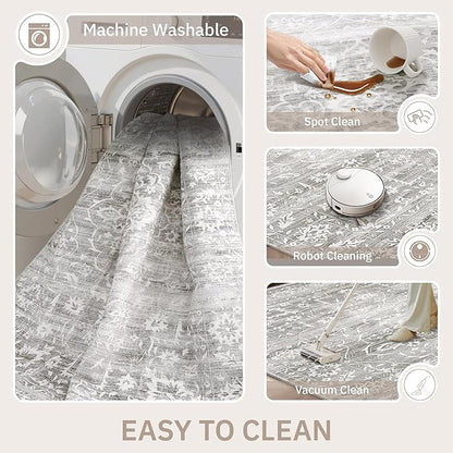 5x7 Area Rugs for Living Room, Washable Vintage Floral Non-Slip Low Pile Natural Rug Soft Throw Carpet for Dining Room Bedroom Home Office Nursery (Grey, 5'x7')