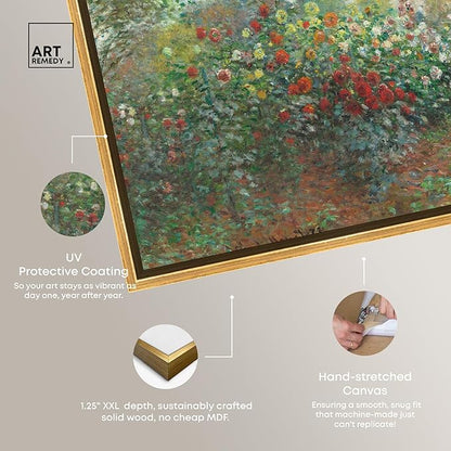 Art Remedy Monet-Garden With Dahlias Impressionism Classic Landscape Paintings Canvas Wall Art, Gold Floater Frame, 16"x24"