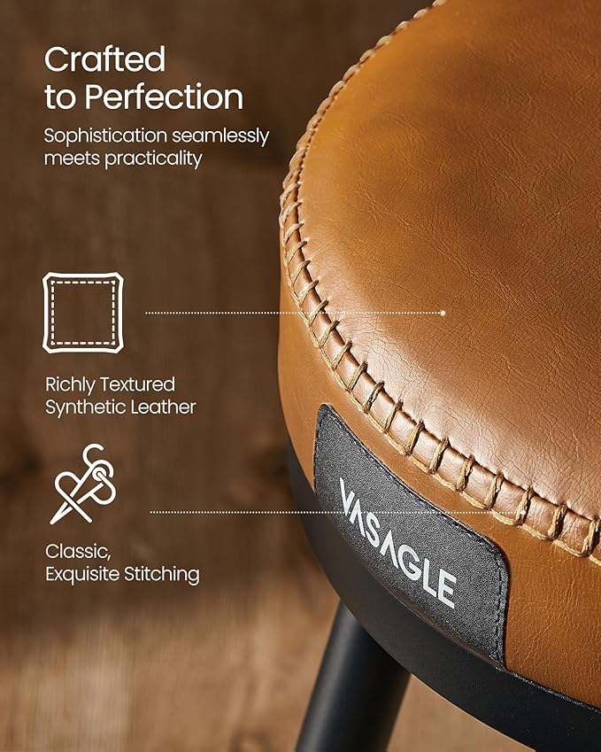 VASAGLE EKHO Collection - Swivel Bar Stools Set of 2, Bar Height Backless Bar Stools, Synthetic Leather with Stitching, Mid-Century Modern, 30-Inch Tall Kitchen Barstools for Home Bar, Caramel Brown