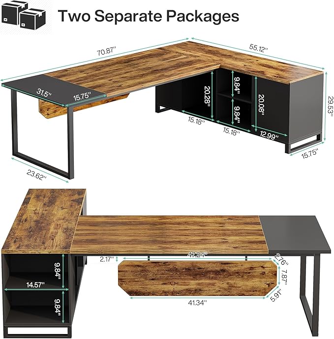 Tribesigns 70.8" Executive Desk with 55" File Cabinet, Modern L Shaped Computer Desk with Storage Shelves and Cabinet, Large L Shaped Executive Desk for Home Office, Rustic Brown & Black