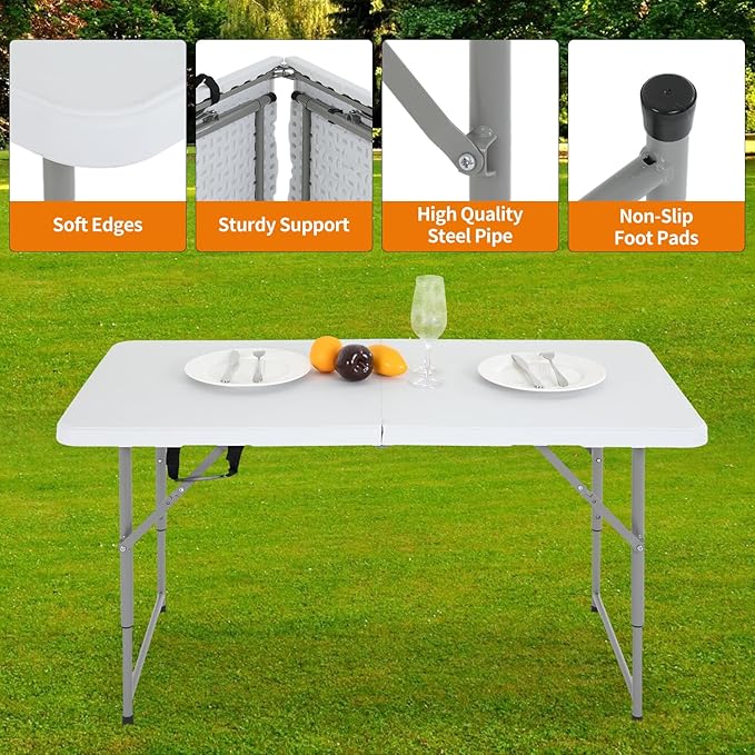 BestOffice Camping Folding 4 Foot Plastic Table, White