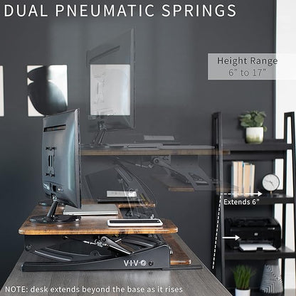 VIVO 42 inch Height Adjustable Stand Up Desk Converter, V Series, Quick Sit to Stand Tabletop Dual Monitor Riser Workstation, Rustic Vintage Brown Top, Black Frame, DESK-V000VLN