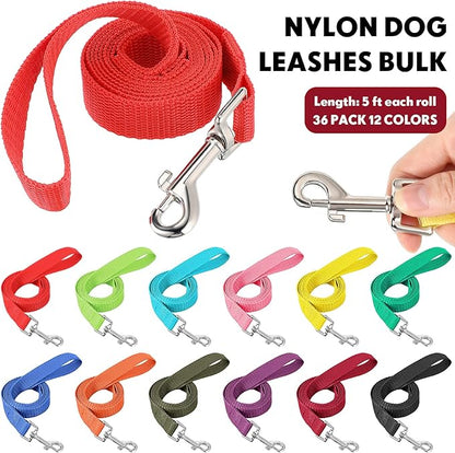Hillban 36 Pcs Dog Leash Bulk 5 ft Multicolored Puppy Training Leash Slip Pet Traction Nylon Rope for Small Medium Dogs Agility, Yard, Camping, Backyard Play(12 Colors)