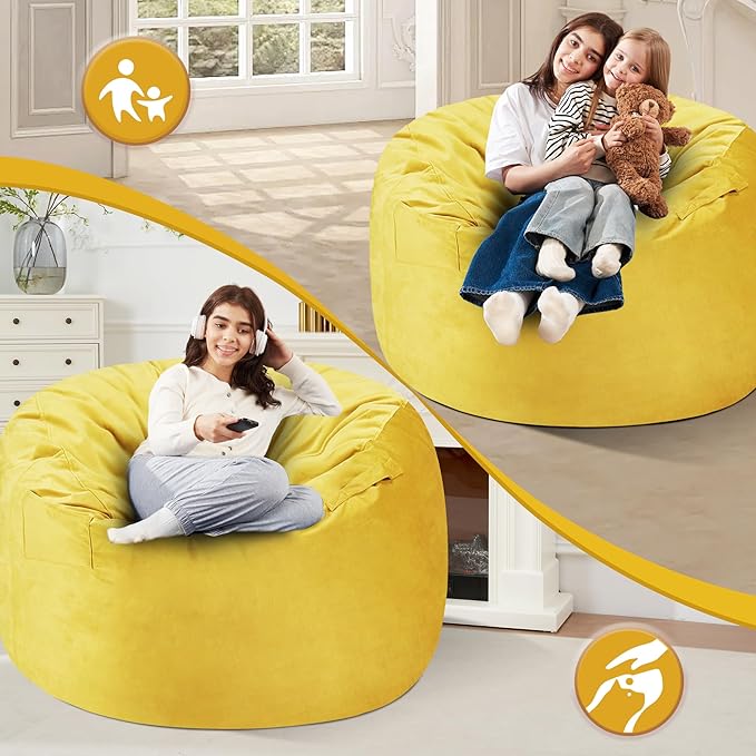 Homguava 4 FT Bean Bag Chair: 4' Bean Bags with Memory Foam Filled, Large Beanbag Chairs Soft Sofa with Dutch Velvet Cover-Mustard