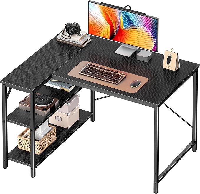 Huuger L Shaped Desk, 39 Inches Computer Desk with Reversible Storage Shelves, Gaming Desk, for Corner Home Office Writing Study, Metal Frame, Black