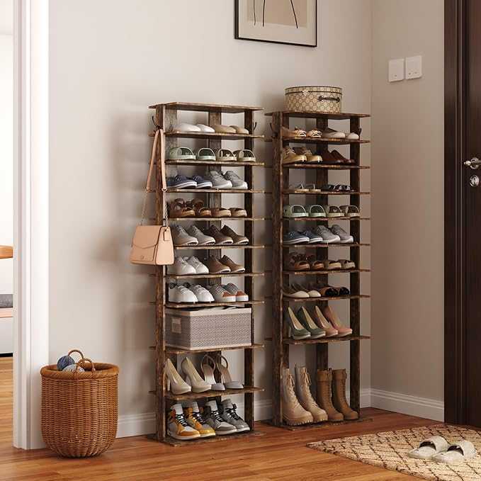 HOMEFORT 10-Tier Vertical Shoe Rack, Corner Shoe Tower, Double Rows 10 Tiers Shoe Shelf, Slim Shoe Storage Unit for 20 Pairs of Shoes, Shoe Stand for Entryway, Hallway, Closet (Rustic Brown)