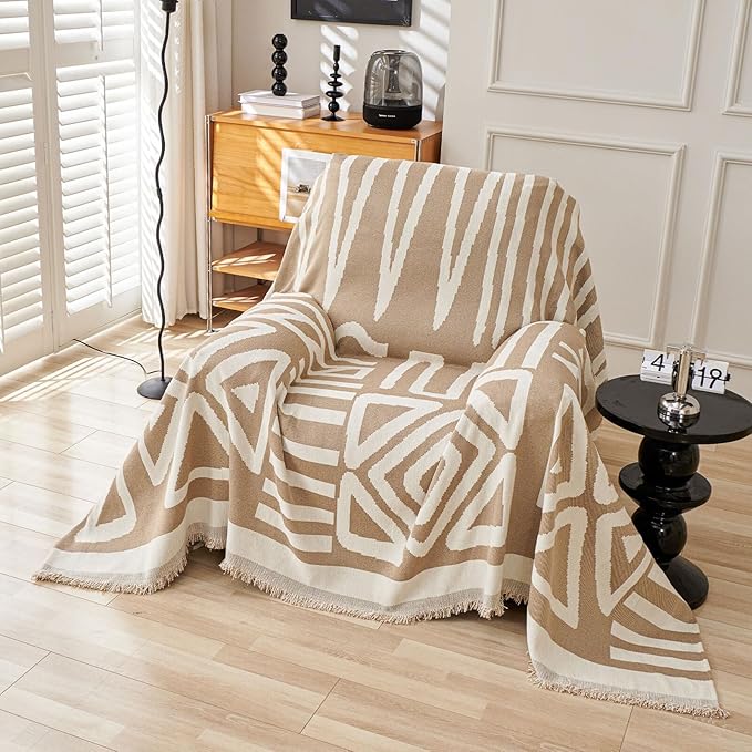 HANDONTIME Sofa Covers Armchair Boho Couch Cover for Dogs Khaki Throw Couch Cover with Tassel Chair Recliner Futon Cover Washable 1 Cushion Couch Non Slip Chenille Couch Protector, 59" X71"
