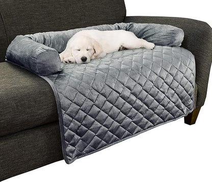 Couch Cover for Dogs - 35x35 Pet Furniture Protector with Memory Foam Neck Bolster, Quilted Fabric, and Water-Resistant Base Layer by PETMAKER (Gray)