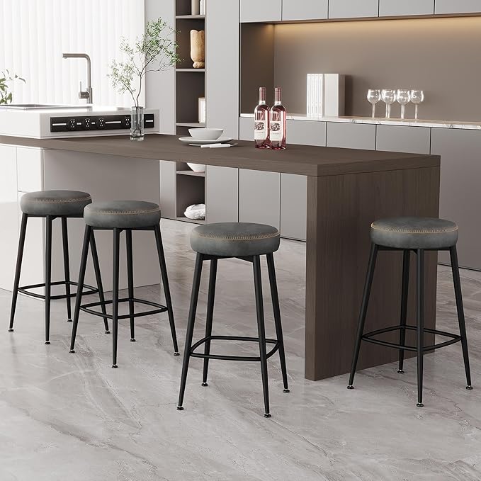 Counter Height Bar Stools, 26" H Backless Bar Stools Set of 4, Upholstered Faux Leather Kitchen Counter Stools, Mid Century Modern, Kitchen Island Home Bar, Pub, Black Grey