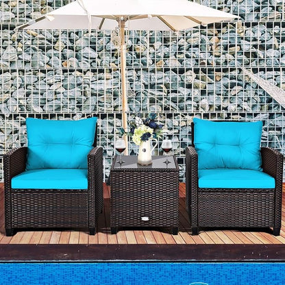 RELAX4LIFE 3 Piece Patio Furniture Set, Wicker Bistro Conversation Set w/ 2 Cushioned Armchairs & Glass Topped Table, Outdoor Rattan Sofa for Porch Balcony Poolside (Turquoise)