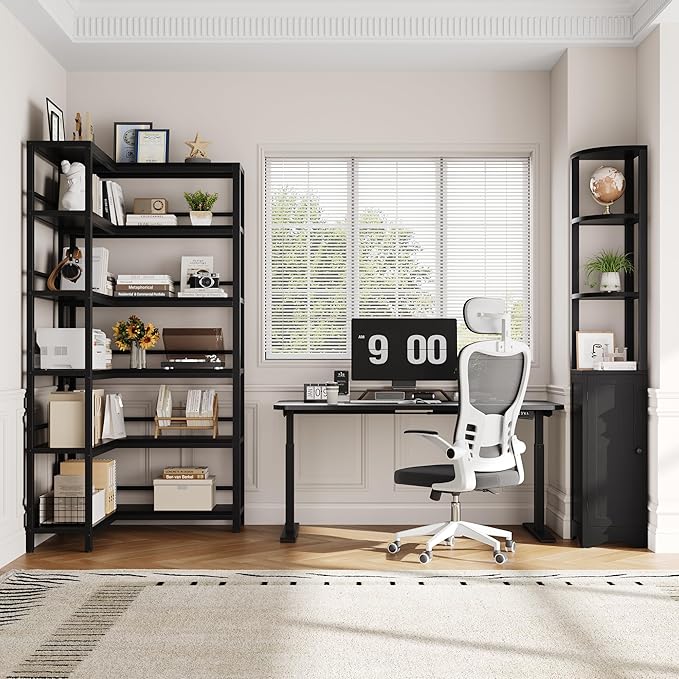 Keyluv Black Corner Bookshelf 72" Tall Corner Book Shelves Cases 2 Pieces Open Bookcase Large Storage Display Shelf Standing 6 Tier Shelving Unit with Cabinet for Home office Living Room, Wood & Metal