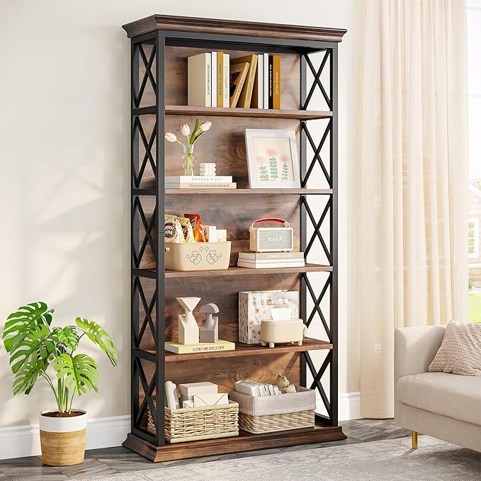 Tribesigns 6-Tier Bookcase, 71 Inches Industrial Bookshelves and Bookcases, Floor Standing 5 Shelf Display Storage Shelves Tall Bookcase for Home Office, Living Room, Bed Room, Brown and Black