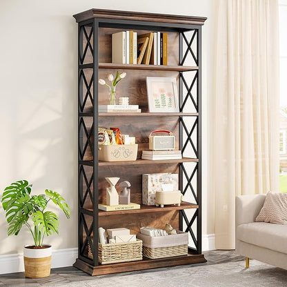 Tribesigns 6-Tier Bookcase, 71 Inches Industrial Bookshelves and Bookcases, Floor Standing 5 Shelf Display Storage Shelves Tall Bookcase for Home Office, Living Room, Bed Room, Brown and Black