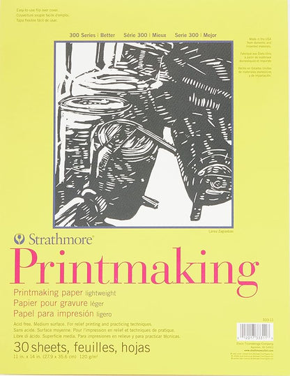 Strathmore 300 Series Printmaking Paper Pad, Glue Bound, 11x14 inches, 30 Sheets (120g) - Artist Paper for Adults and Students - Block Printing, Linocut, Screen Printing, White