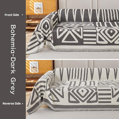 STACYPIK Boho Dark Grey Couch Cover, Soft Reversible Chenille Sofa Cover for Dog, Anti-Slip Pet Protector for 3 Cushion Couch, Washable Loveseat Couch Cover for Sectional, Decorative Blanket-71X134IN