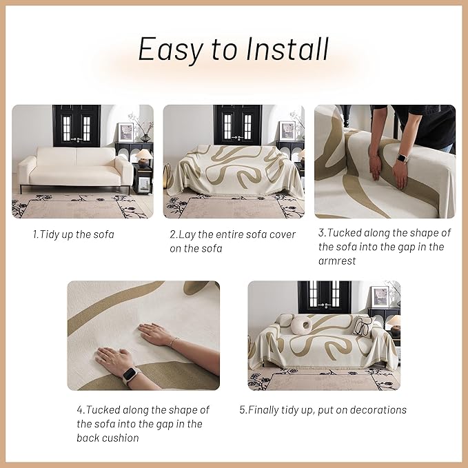 MYSKY HOME Boho Couch Cover Super Soft Couch Covers for 2-3 Cushion Couch Sofa, Modern Khaki Jacquard Sofa Slipcover Loveseat Futon Cover, Couch Covers for Sectional Sofa, 71" x 118", Khaki Curve