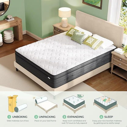 12 Inch King Size Mattress in a Box for Back Pain, Medium Firm Feel Fiberglass Free Hybrid Mattress with Individual Pocket Springs and Pressure-Relieving Memory Foam, 120-Night Trial